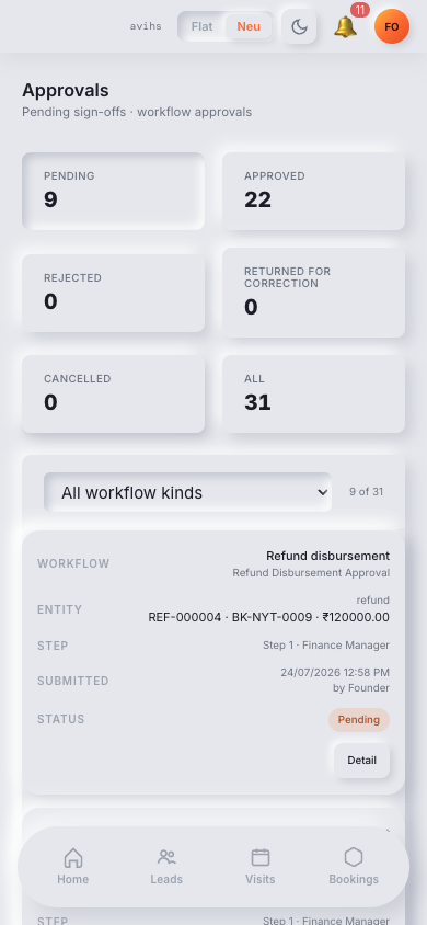 The Approvals queue showing pending requests from Bookings, Expenses, and Purchase Orders with Review and Approve actions. — mobile view