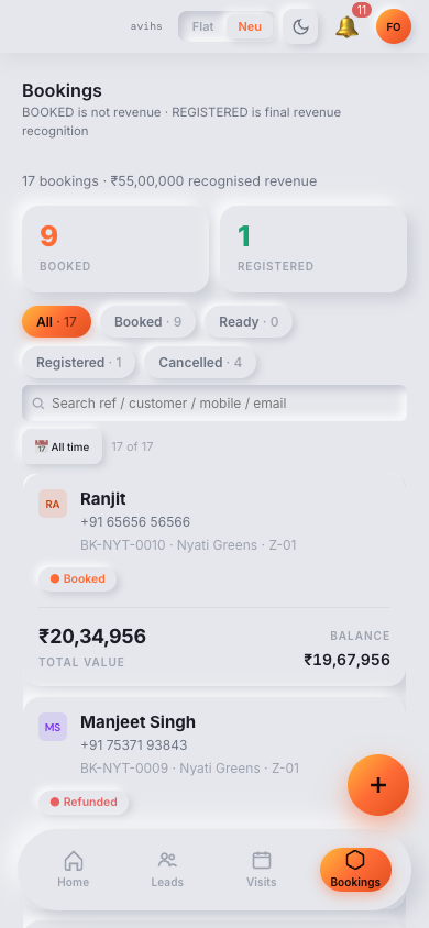 The Bookings list showing KPI strip, filter chips, and booking rows with sale value, status, and payment due columns. — mobile view