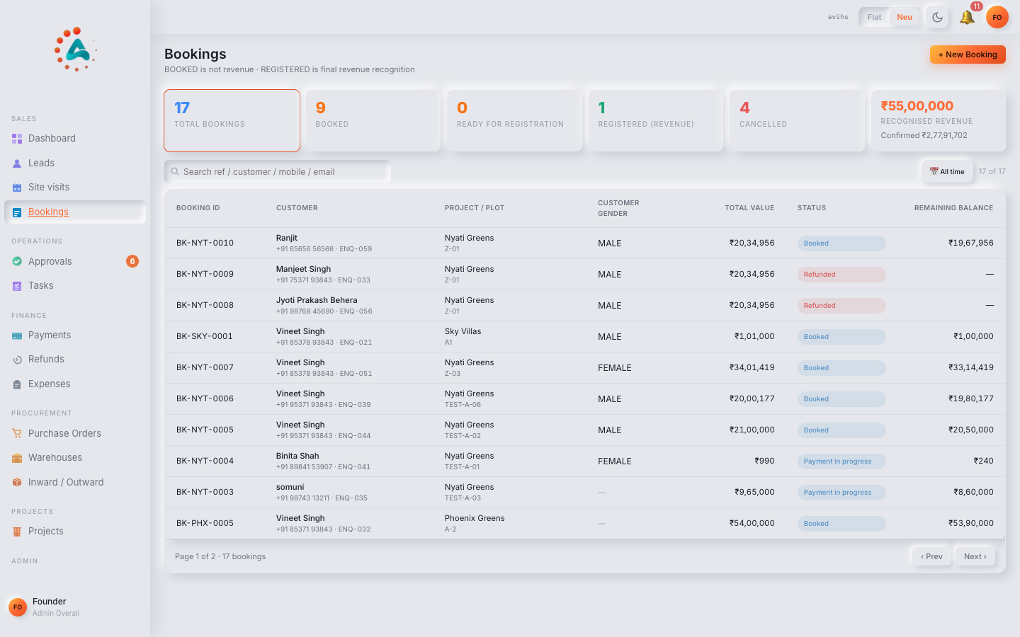 The Bookings list showing KPI strip, filter chips, and booking rows with sale value, status, and payment due columns. — web view