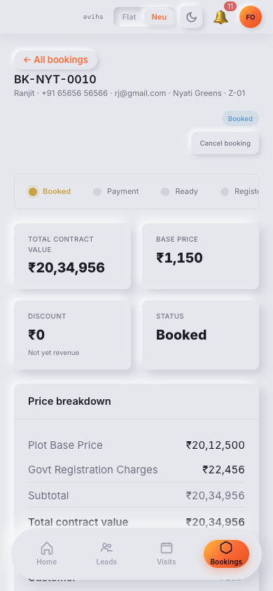 The Document Control list showing KPI strip, status filter chips, and document rows with category, booking, and status columns. — mobile view