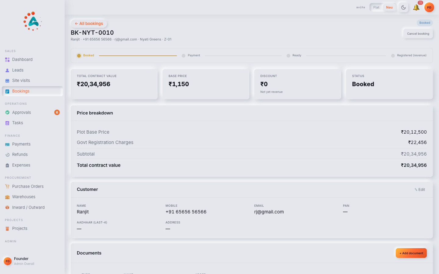 The Document Control list showing KPI strip, status filter chips, and document rows with category, booking, and status columns. — web view