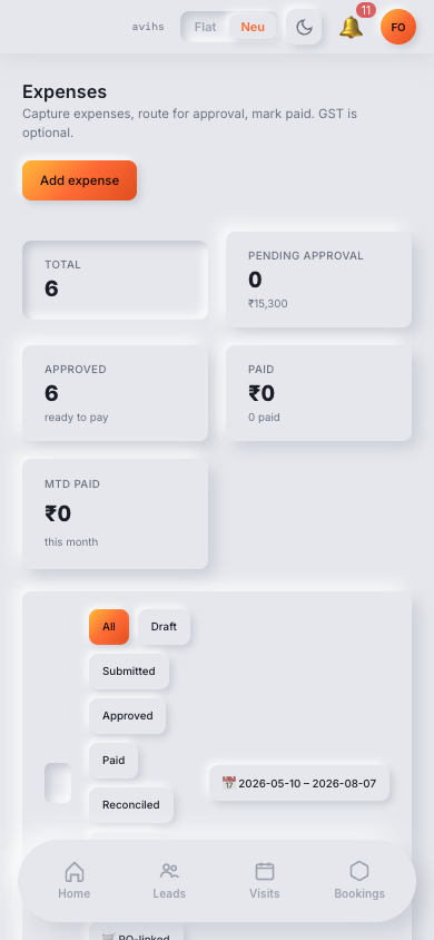 The Expenses list showing KPI strip, status filter chips, and expense table with Clear Payment actions. — mobile view