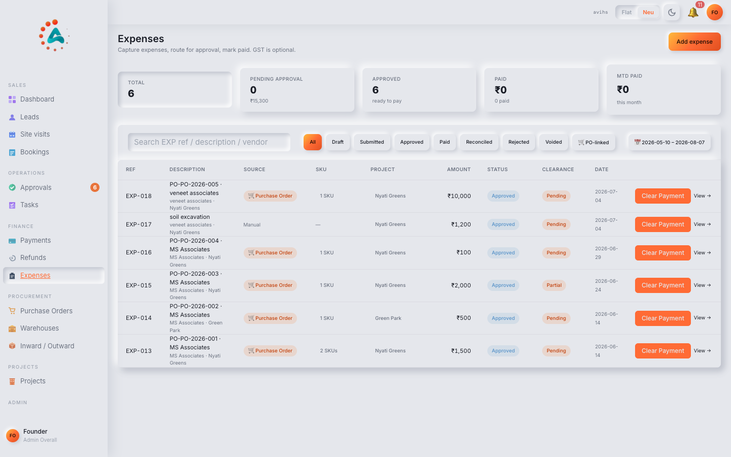 The Expenses list showing KPI strip, status filter chips, and expense table with Clear Payment actions. — web view