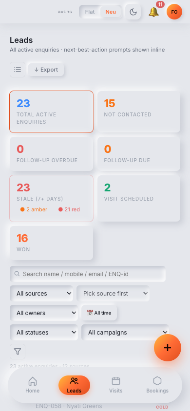 The Leads list showing KPI strip, stage filter chips, and lead rows with status pills and next follow-up dates. — mobile view