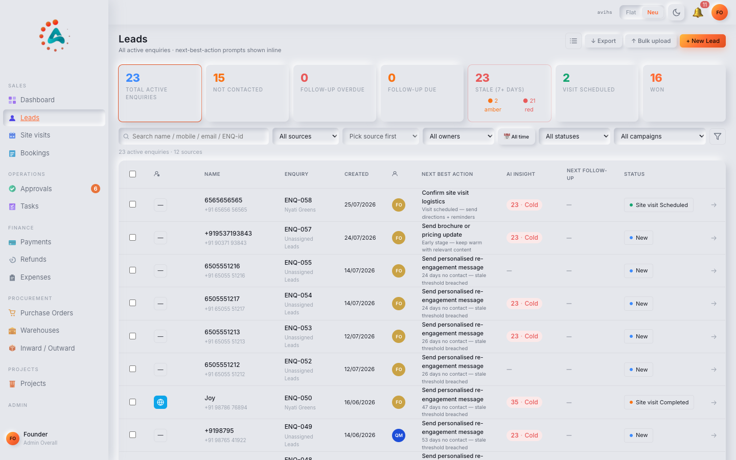 The Leads list showing KPI strip, stage filter chips, and lead rows with status pills and next follow-up dates. — web view