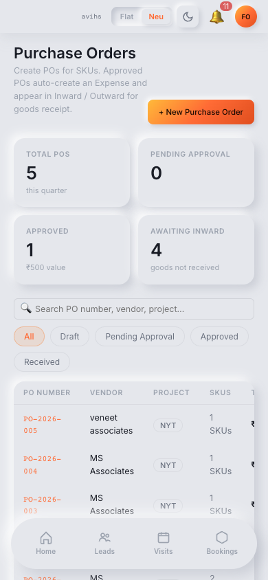 The Purchase Orders list showing KPI strip, filter chips, and PO rows with status and inward state. — mobile view