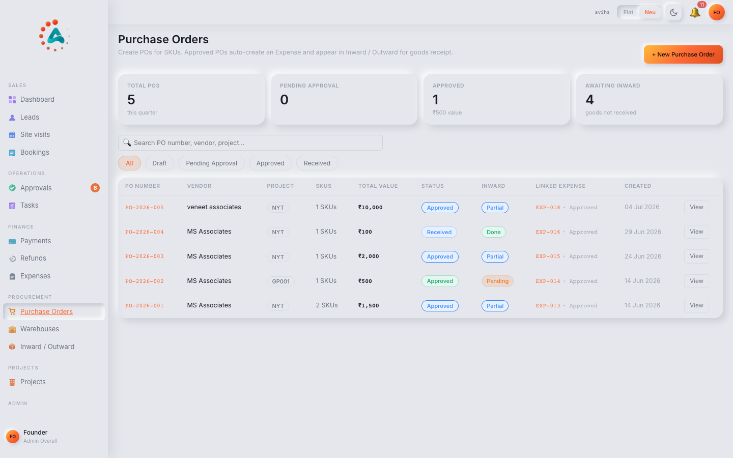 The Purchase Orders list showing KPI strip, filter chips, and PO rows with status and inward state. — web view