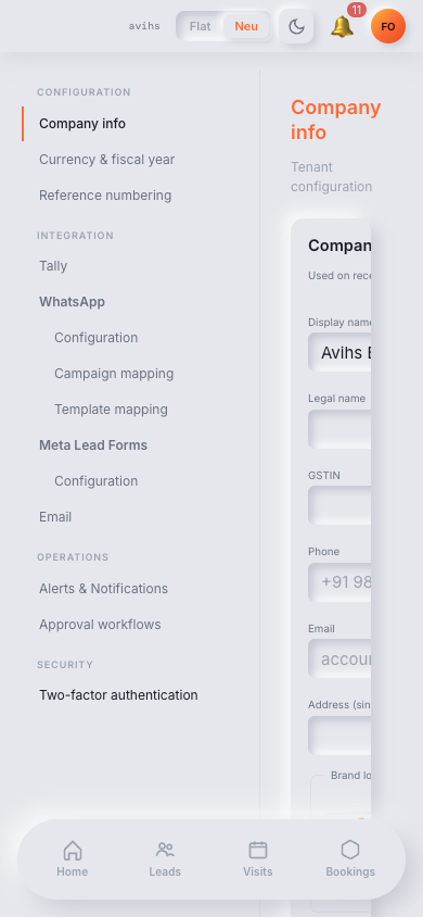 The Settings Company Info tab showing workspace name, logo, registered address, GSTIN, CIN, PAN, fiscal year, and currency fields. — mobile view
