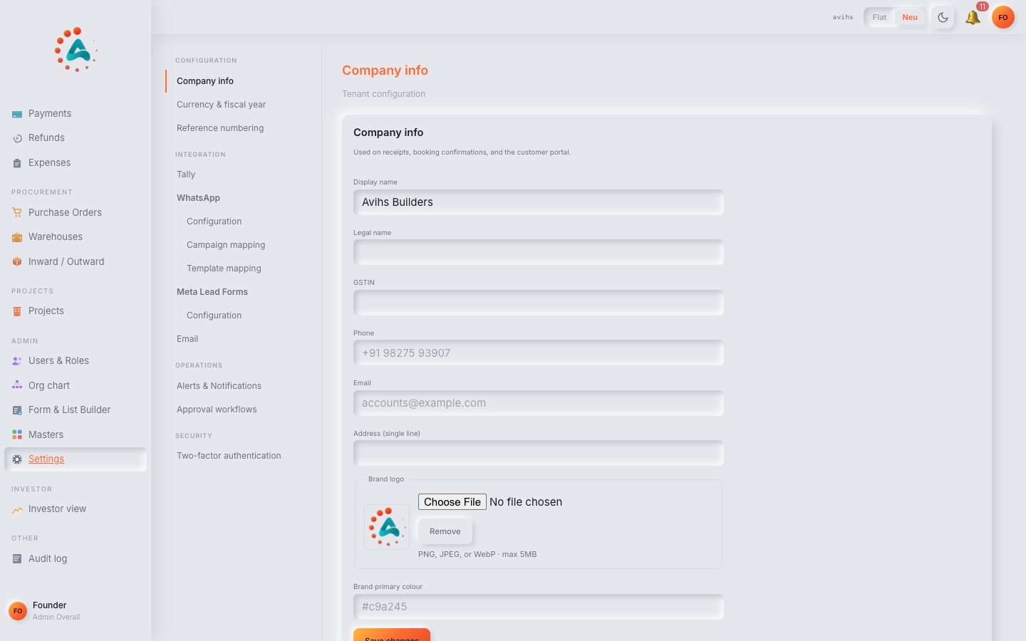 The Settings Company Info tab showing workspace name, logo, registered address, GSTIN, CIN, PAN, fiscal year, and currency fields. — web view