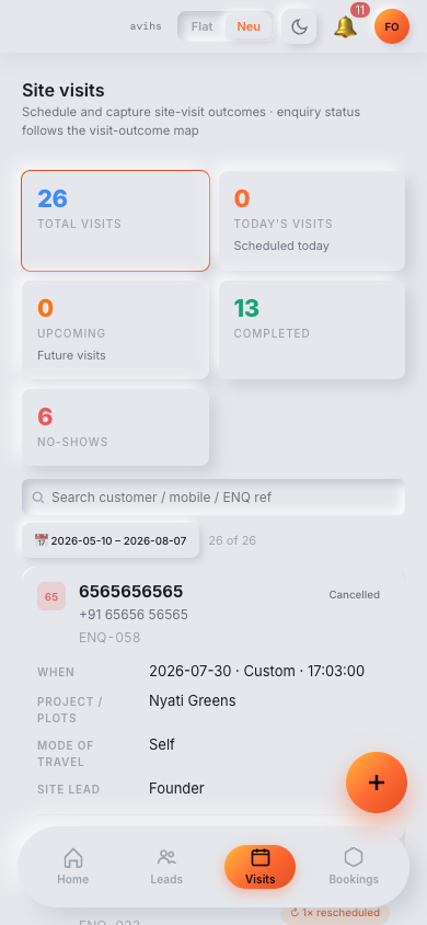 The Site Visits list showing KPI strip, status filter chips, and visit rows with date, agent, and status columns. — mobile view