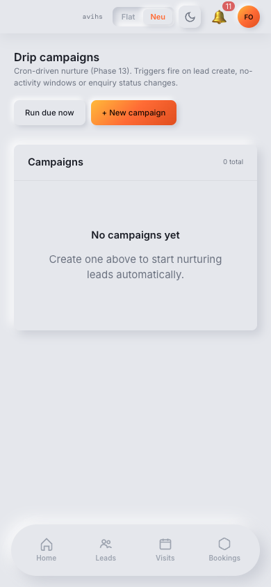 WhatsApp Campaigns list showing KPI strip, status filter chips, and campaign rows with template, audience, and delivery metrics. — mobile view